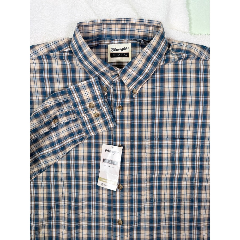 Wrangler Riata Men XL Blue Tan Plaid Long Sleeve Button Down Shirt NWT 112330378